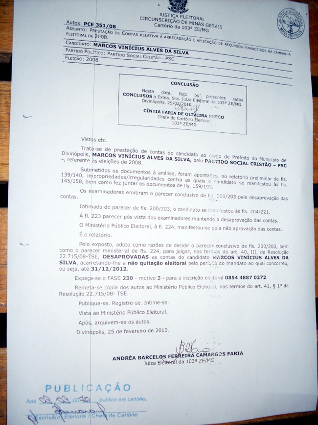 Ministério Público Eleitoral manifesta-se pela não aprovação da prestação de contas de Marcos Vinicius – Ele pode ficar inelegível neste ano e em 2012 julgamento contas marcos vinicius